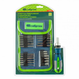 Отвертка реверсивная с набором бит и торцевых головок СИБРТЕХ 26 шт, CrV, чехол